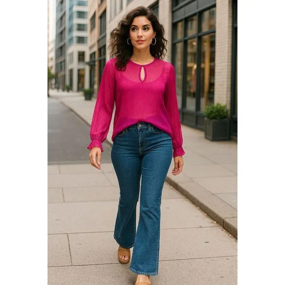 Simply Styled by Sears Sheer XL Fuschia Pink Long Sleeve Blouse Keyhole Neckline - Picture 2 of 10